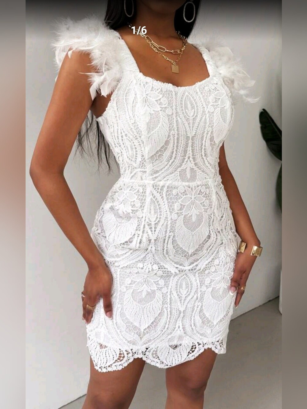 White Lace Sheath Dress with Feather Straps